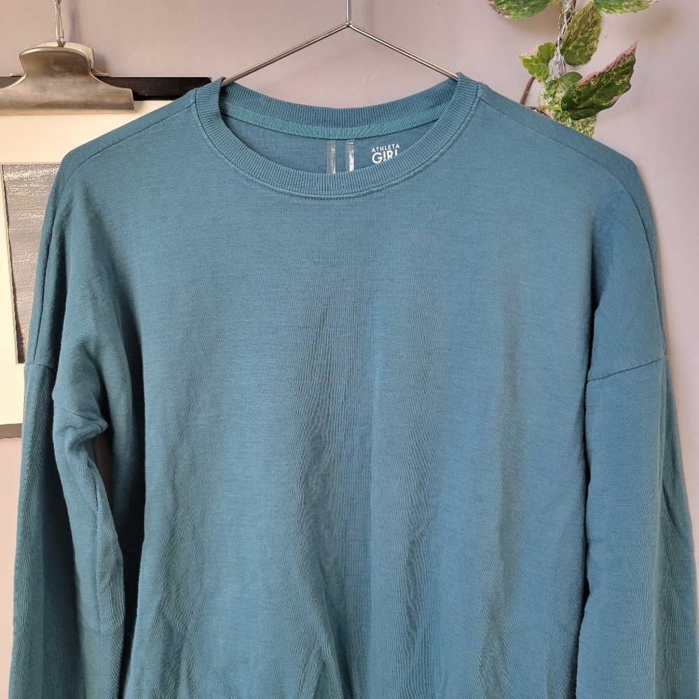 Athleta Girl Beachy Scrunch Pullover Crew Neck‎ Sweatshirt Teal Blue XL 14 - Picture 4 of 13